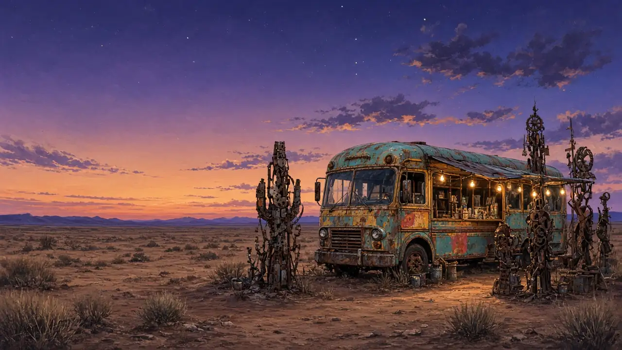 A painted bus studio and scrap-metal sculptures at dusk in the desert